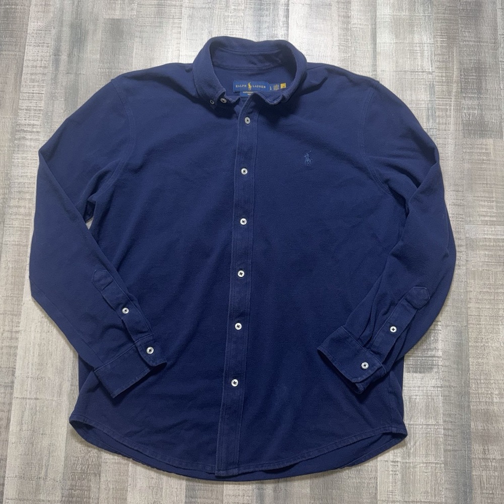 Polo Ralph Lauren Mens L Blue Featherweight Mesh Shirt Long Sleeve Button